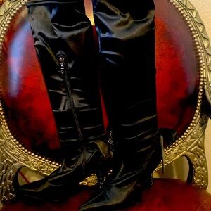 Black satin knee high boots